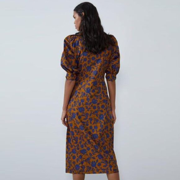 ZARA FLORAL PRINTED PUFF SLEEVE MIDI POPLIN DRESS - Picture 2 of 4
